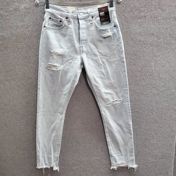 Levi's 501 Women 25x28 Blue‎ Denim Skinny Distressed Button Fly High Rise NWT - Picture 1 of 11